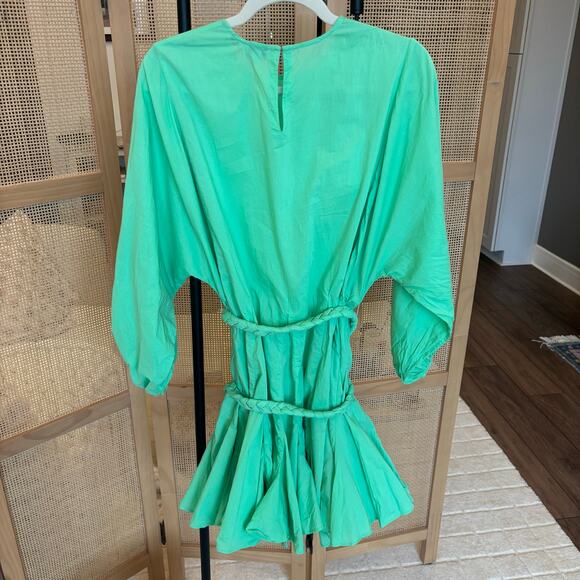 Rhode Ella Green Mini Dress pleated with belt long puffy sleeve size medium - Picture 6 of 8